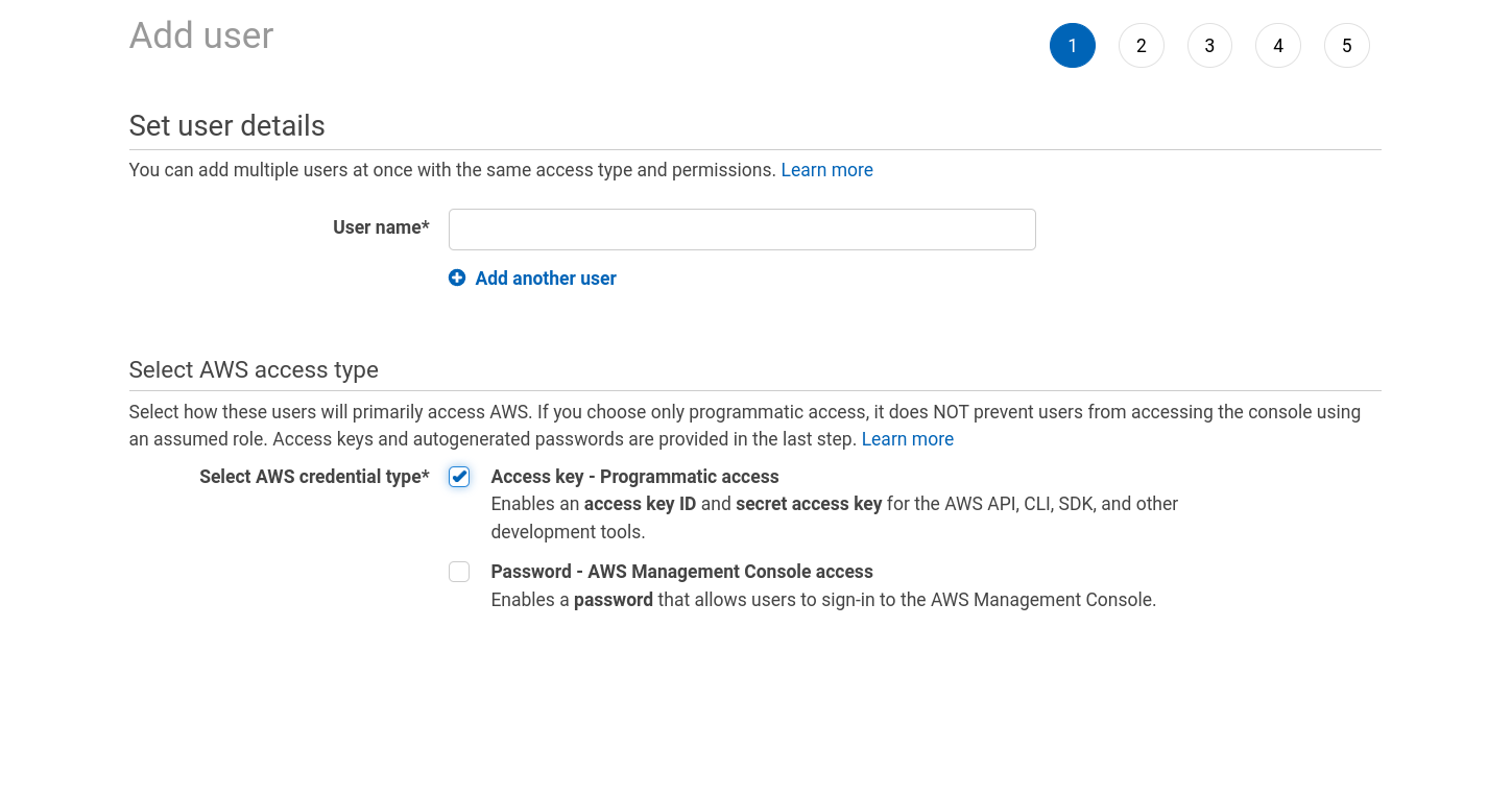 Creating your IAM user account Account setup steps for setting your first IAM user on AWS, the image contains an input for creating your username and two item boxes for selecting the type of credential needed for this account